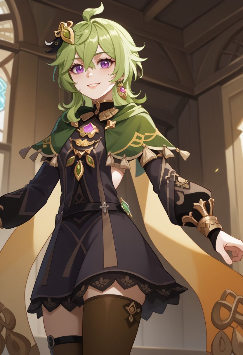 score_9, score_8_up, score_7_up, source_anime, 1girl, colleidef, green hair, medium hair, purple eyes, hair ornament, hair between eyes, ahoge, earrings, single earring, jewelry, green capelet, black dress, detached sleeves, puffy long sleeves, backless dress, bridal gauntlets, crossed bangs, brown thighhighs, asymmetrical legwear, thighlet, vision \(genshin impact\), standing, smile, looking at viewer, indoors, portrait, close-up, facing viewer, <lora:Collei_v1-000010:1>