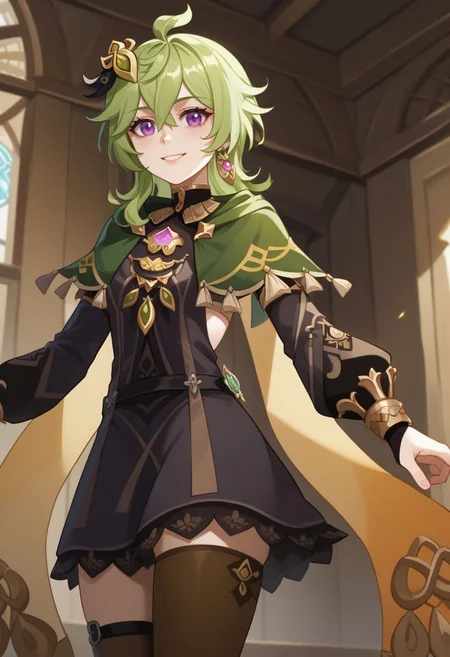 score_9, score_8_up, score_7_up, source_anime, 1girl, colleidef, green hair, medium hair, purple eyes, hair ornament, hair between eyes, ahoge, earrings, single earring, jewelry, green capelet, black dress, detached sleeves, puffy long sleeves, backless dress, bridal gauntlets, crossed bangs, brown thighhighs, asymmetrical legwear, thighlet, vision \(genshin impact\), standing, smile, looking at viewer, indoors, portrait, close-up, facing viewer, <lora:Collei_v1-000010:1>