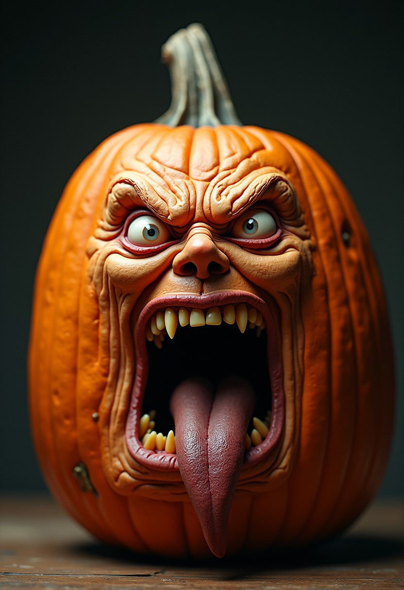 Hyperrealistic pumpkin with a grotesquely anthropomorphic face, screaming in intense rage or agony. Rounded, ribbed shape with a rough orange skin, transitioning seamlessly into wrinkled, flesh-like features. Eyes bulge outward, bloodshot and strained, with pale, watery flesh forming eerie eye sockets. Brow deeply furrowed, creating harsh lines across the pumpkin's surface. Nose scrunched and flared, nostrils clearly visible. Mouth stretched impossibly wide, revealing rows of human-like teeth and a moist, glistening tongue. Lips pulled back in a snarl, exposing gums. Cheeks contorted, emphasizing the screaming expression. Skin pores and fine hairs visible on the face portion, blending into the more typical pumpkin texture with its thick ridges and rough surface. Vivid orange coloration with subtle variations in tone, highlighting the vegetable's substantial form. Harsh lighting from above casts dramatic shadows, accentuating the three-dimensional quality and the grotesque facial features. Background is a neutral grey gradient, focusing attention on the surreal, nightmarish pumpkin creature.