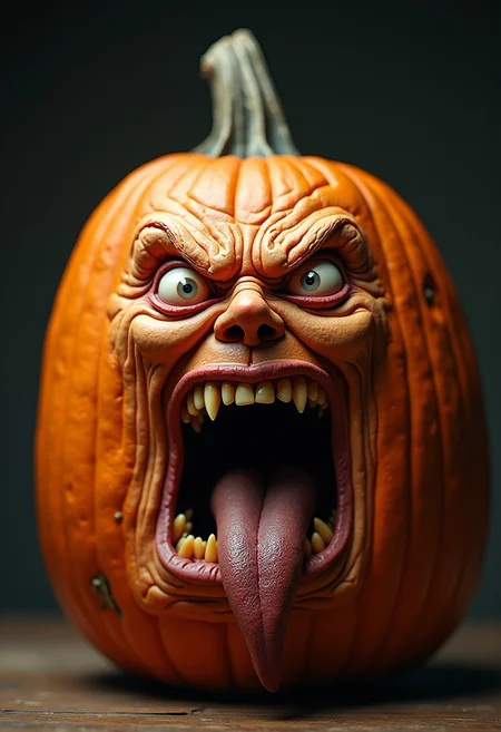 Hyperrealistic pumpkin with a grotesquely anthropomorphic face, screaming in intense rage or agony. Rounded, ribbed shape with a rough orange skin, transitioning seamlessly into wrinkled, flesh-like features. Eyes bulge outward, bloodshot and strained, with pale, watery flesh forming eerie eye sockets. Brow deeply furrowed, creating harsh lines across the pumpkin's surface. Nose scrunched and flared, nostrils clearly visible. Mouth stretched impossibly wide, revealing rows of human-like teeth and a moist, glistening tongue. Lips pulled back in a snarl, exposing gums. Cheeks contorted, emphasizing the screaming expression. Skin pores and fine hairs visible on the face portion, blending into the more typical pumpkin texture with its thick ridges and rough surface. Vivid orange coloration with subtle variations in tone, highlighting the vegetable's substantial form. Harsh lighting from above casts dramatic shadows, accentuating the three-dimensional quality and the grotesque facial features. Background is a neutral grey gradient, focusing attention on the surreal, nightmarish pumpkin creature.