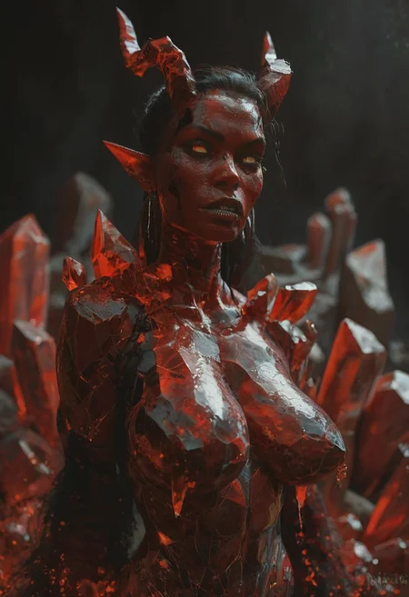 score_9, score_8_up, score_7_up, score_6_up,  demon, horns, crystal skin, large breasts, round breasts,