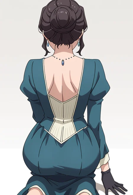 Smooth Quality,masterpiece,very intricate, high quality details, ultra realistic, high detailed skin,detailed enviorement,absurdres,
simple background, white background,
kneeling, one hand on ground, reaching forward, focused, tense, ,from behind,
<lora:Blumund_Queen_cnn:0.7>blumundqueencnn,1girl, black hair, hair bun,mature female,
long sleeves, blue dress, black gloves,jewelry, necklace,