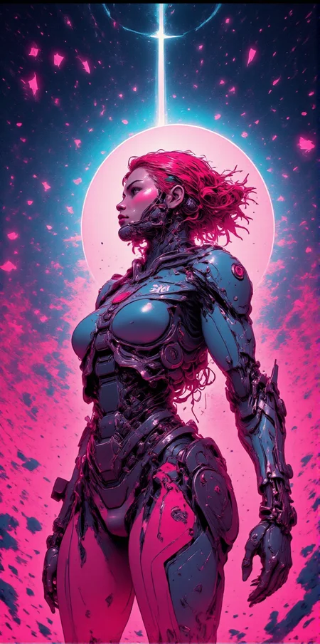 neonpunk, abstract energy surge, beautiful caucasian redhead cyborg girl watching falling stars, stars fall from the sky at the end of the world, <lora:CPA:1> <lora:BLUE_mk4_angel_FLUX_01:1.4> <lora:ck-Neon-Retrowave:1> <lora:Flux_Ultimator:1>