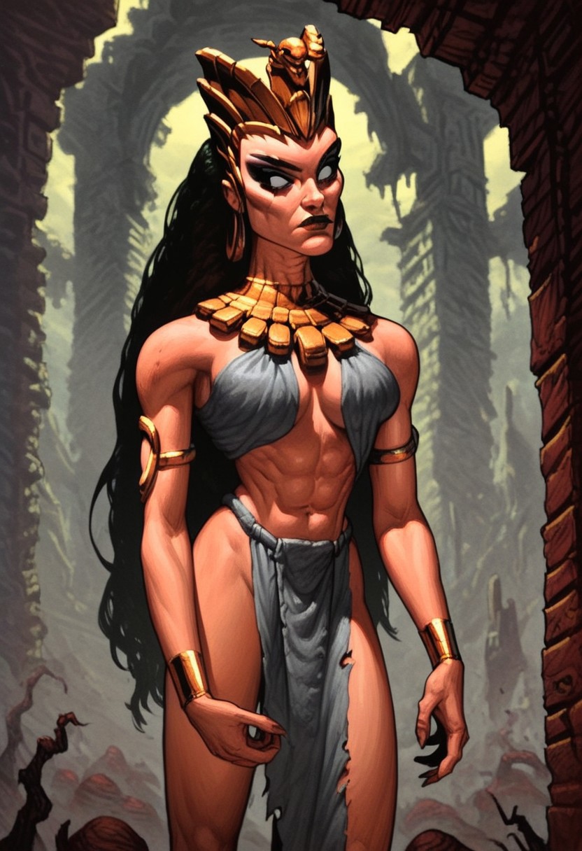 DonMC0m1cM4g1cXL, (dark, fantasy, magical, eerie) score_9, score_8_up, score_7_up, score_6_up, portrait, Malyssa_Primal, long hair, black hair, makeup, eyeliner, lipstick, black eyes, loin clothes, golden bracelets, golden collar, gleninsheen gorget, golden crown, BREAK, backgroung, plain, ruins