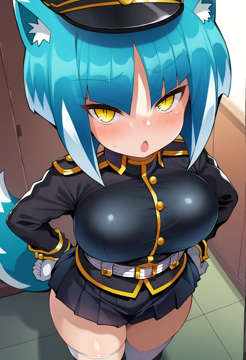 score_9, score_7_up, hd, (ultra hd quality details), source_anime, indoors,
solo, 1girl, asagi(bombergirl), blue hair,white hair,multicolored hair,yellow eyes,animal ears,tail,short hair, large breasts,
gloves, military uniform, black skirt, belt, pleated skirt, uniform, black jacket,
looking at viewer, blush, open mouth,
standing, from above,
<lora:_shimejinameko_style-elesico-pony-17:1> <lora:asagi_pony:0.9>