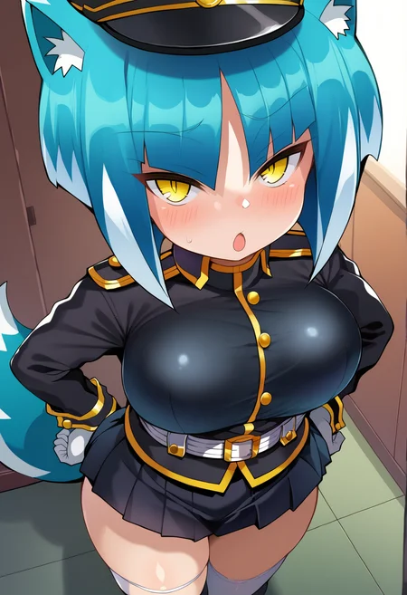 score_9, score_7_up, hd, (ultra hd quality details), source_anime, indoors,
solo, 1girl, asagi(bombergirl), blue hair,white hair,multicolored hair,yellow eyes,animal ears,tail,short hair, large breasts,
gloves, military uniform, black skirt, belt, pleated skirt, uniform, black jacket,
looking at viewer, blush, open mouth,
standing, from above,
<lora:_shimejinameko_style-elesico-pony-17:1> <lora:asagi_pony:0.9>