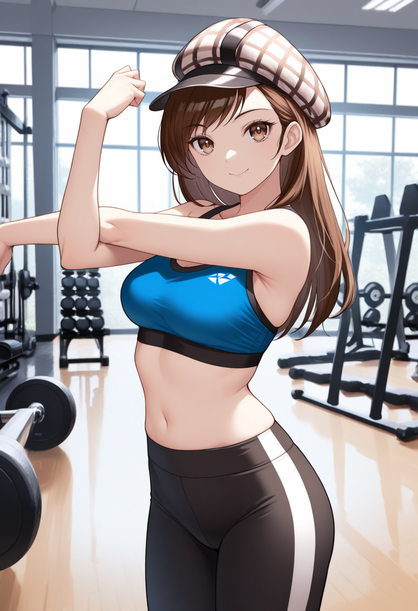 masterpiece, best quality, 1girl, solo, looking at viewer, cowboy shot, smile, gym, stretching
blue sports bra, black yoga pants
 <lora:zs_KumikoILLU:1> kumikods, brown hair, long hair, brown eyes, cabbie hat, tartan hat