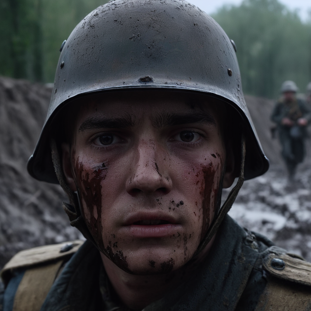 UHD, 4k, ultra detailed, cinematic, a photograph of  <lora:Battlefield ww1 style:1>
a closeup of a soldier man in a helmet with blood and mud and shock expression on his face battlefield ww1 style,solo,1boy,male focus,blurry,blood,portrait,science fiction,realistic , war, war zone, battle, warrior, soldier, dark themed, cinematic, film look, world war 1, first world war, ww1, military, dramatic light, epic, beautiful lighting, inpsiring