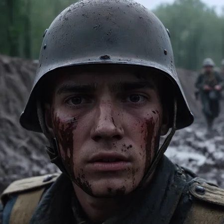 UHD, 4k, ultra detailed, cinematic, a photograph of  <lora:Battlefield ww1 style:1>
a closeup of a soldier man in a helmet with blood and mud and shock expression on his face battlefield ww1 style,solo,1boy,male focus,blurry,blood,portrait,science fiction,realistic , war, war zone, battle, warrior, soldier, dark themed, cinematic, film look, world war 1, first world war, ww1, military, dramatic light, epic, beautiful lighting, inpsiring