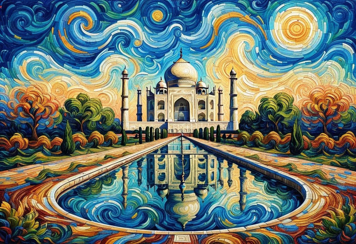 The Taj Mahal reimagined as a painting in the style of Vincent van Gogh. The iconic structure is depicted with bold, textured brushstrokes that bring a dynamic energy to its serene beauty. The white marble domes and minarets are rendered with soft swirls and layered strokes of cream, gray, and subtle blues, giving them depth and movement.
The surrounding gardens and reflecting pool are alive with expressive strokes of greens and blues, while the sky above is a dramatic swirl of Van Gogh's signature yellows, golds, and deep blues, creating a vibrant, starry backdrop. The painting captures the ethereal elegance of the Taj Mahal, blending its timeless architecture with the emotive, flowing artistry of Van Gogh, resulting in a dreamlike and evocative composition, oil painting, mad-vangoghian