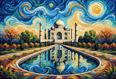 The Taj Mahal reimagined as a painting in the style of Vincent van Gogh. The iconic structure is depicted with bold, textured brushstrokes that bring a dynamic energy to its serene beauty. The white marble domes and minarets are rendered with soft swirls and layered strokes of cream, gray, and subtle blues, giving them depth and movement.
The surrounding gardens and reflecting pool are alive with expressive strokes of greens and blues, while the sky above is a dramatic swirl of Van Gogh's signature yellows, golds, and deep blues, creating a vibrant, starry backdrop. The painting captures the ethereal elegance of the Taj Mahal, blending its timeless architecture with the emotive, flowing artistry of Van Gogh, resulting in a dreamlike and evocative composition, oil painting, mad-vangoghian