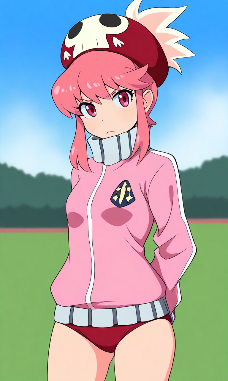 masterpiece, best quality, high resolution, absurdres, 1girl, jakuzure_nonon, pink_eyes, pink_hair, short_hair_with_long_locks, small_breasts, pink_jacket, long_sleeves, high_collar, red_buruma, beanie, red_hat, looking_at_viewer, hand_on_own_hip, arm_behind_back, frown, outdoors, sky, day,