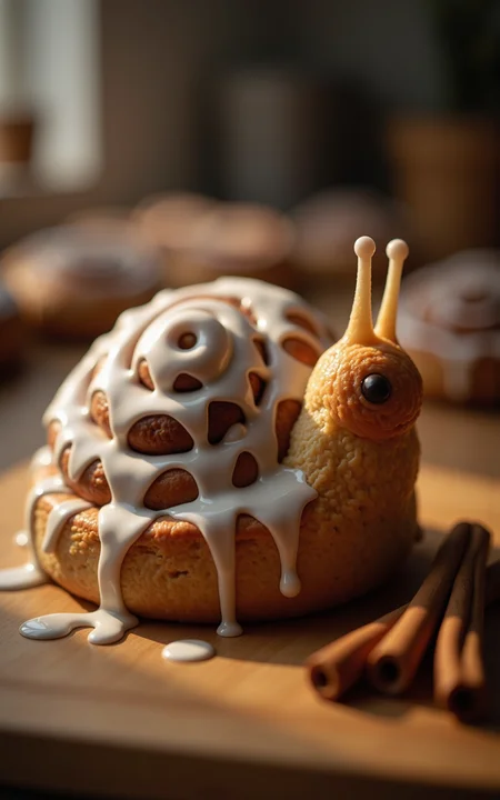 Close-up food photo of a hybrid snail composed entirely of glossy sticky cinnamon buns. The shell is made from a puffy perfectly swirled cinnamon bun covered in a thick glossy white glaze. Baked edges with a jagged cinnamon bun texture slightly caramelized, dark cinnamon filling inside, rich golden brown color. The glaze drips down in thick sweet drops, the snail tendrils are made of twisted cinnamon dough, glistening with icing sugar, the glaze reflects warm, natural light. The scene is shot in a soft, fuzzy kitchen setting, with a hint of freshly baked pastries in the background., , natural photo cinematic，

highly detailed,ultra-high resolution,32K UHD,sharp focus,best-quality,masterpiece,unconventional supreme masterpiece,masterful details,depth of field,blurry background,blurry foreground,motion blur,going really fast masterpiece,deep focus,
color  graded cinematic,atmospheric  lighting,award  film grain,A shot with tension,(Visual impact,giving the poster a dynamic and visually striking appearance:1.2),impactful picture,
ultra-realistic,high dynamic range,photoreal,epic realistic,dark shot,shadows,(This is a real high-definition photo:1.1),with professional photography and high resolution，
contrast,layered colors,vivid colors,contrast,offcial art,movie perspective,very aesthetic,disheveled hair,perfect composition,intricate details,moody,epic,photorealistic,
intricate details,soothing tones,high contrast,natural skin texture,soft light,sharp,masterpiece,best quality,(ray tracing),sunlight,insanely interplay between lights and shadows,