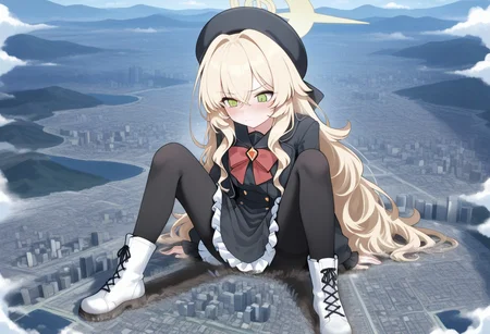 Destruction, Dense urban clusters, Small city, Cityscape, Little city under feet,
Beautiful detailed girl, Lovely face, Delicate detailed eyes, Diamond and glaring eyes, Subject featured prominently, Light particles, Depth of field,Masterpiece, Extremely detailed CG unity 8k wallpaper, Best quality, Illustration, Artbook, Intricate detail, Unity Creations, Game CG, Finely detail, Amazing, Highres,Solo, Female focus, source_anime, Macro,
Looming, Rampage,
(lien, rakia \(ds00309\), welt \(kinsei koutenkyoku\), kuro oolong, tempuru, aonagi ibane, terada ochiko: 1.0),(giga size:1.3),
professor niyaniya (blue archive),(beret,black dress,blonde hair,bow,bowtie,double-parted bangs,dress,frilled dress,green eyes,hair between eyes,halo,long sleeves,red bow,red bowtie,yellow halo,black pantyhose, white footwear, cross-laced footwear,fold-over boots:1.3)