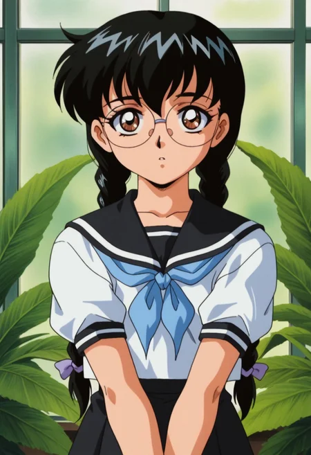 masterpiece,best quality,amazing quality, izumi yuka, glasses, black hair, twin braids, brown eyes, 1girl, solo, school uniform, braid, serafuku, long hair, 1990s (style), retro artstyle, plant, own hands together