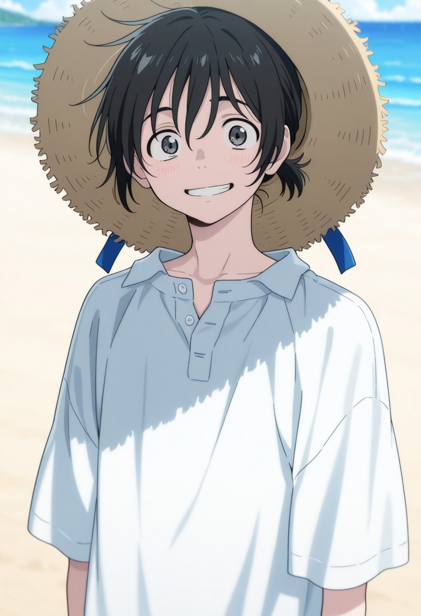 masterpiece,best quality,amazing quality, source_anime, 
MioChibana, 1boy, male focus, solo, black eyes, black hair, short ponytail, straw hat. smile, happy, beach, white shirt,