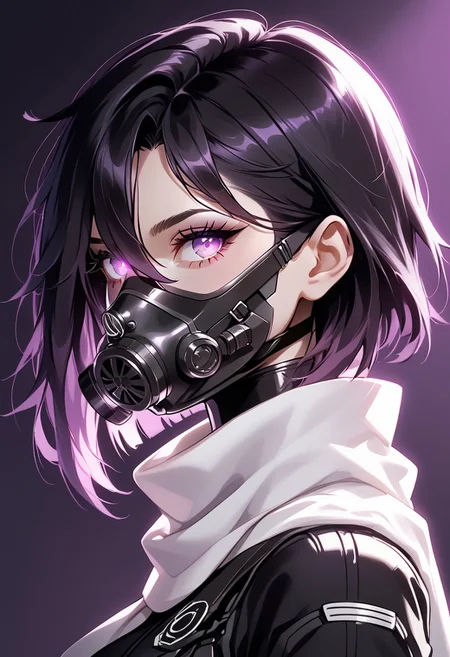 https://civitai.com/images/70944037
{{amazing quality, best quality, high quality, very aesthetic}}, 1girl, solo, simple background, dramatic lighting, backlighting, glowing eyes, medium hair, black hair, hair between eyes, spiky hair, purple eyes, black respirator, gasmask, white scarf, futuristic, cyberpunk, from the side, side view, portrait, looking at viewer, black bodysuit, skintight