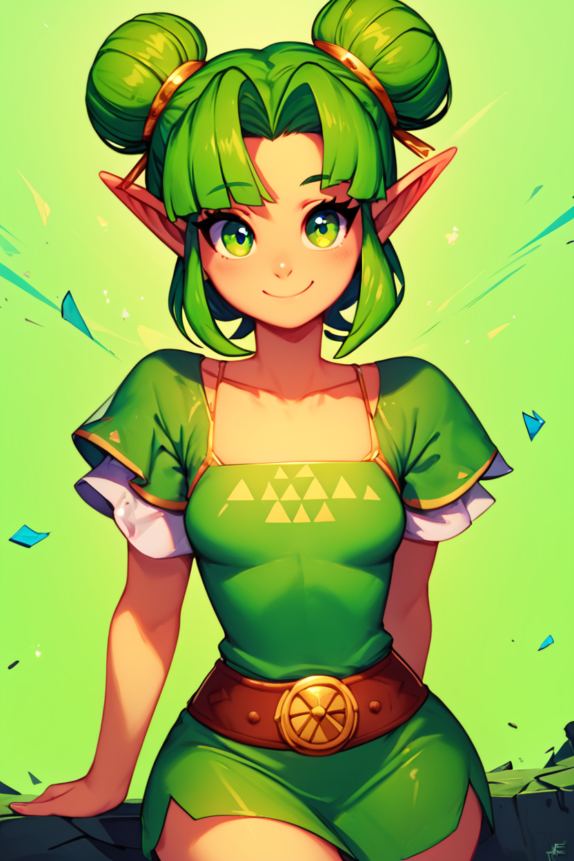 score_9, score_8_up, score_8, medium breasts, (curvy), cute, eyelashes,       BREAK, , zzFarore, green eyes, green hair, double bun, pointy ears,  bangs, green dress, collarbone, short sleeves  <lora:Farore_Zelda_PDXL:0.6>, , BREAK, wide hips, smile, looking at viewer, cowboy shot, embedding:zPDXL, Expressiveh, <lora:SweetCAT_PDXL:1.0>,  <lora:SDXLFaeTastic2400:0.5>,  <lora:Expressive_H-000001:0.4>,