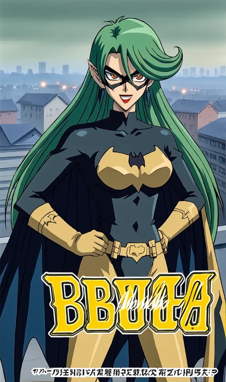 Camula, 1girl, solo, green hair, long hair, orange eyes, lipstick, grin, eye mask, batgirl costume, dark city, rooftop, standing, hands on hips, comic art cover, word bubbles, <lora:Camula Pony XL:0.75>
