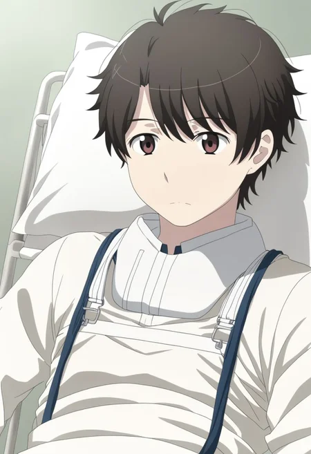 high resolution, solo, best quality, 1Boy, Inaho Kaizuka, Black Hair, Brown Eyes, sick, bandage, helpless, patient, hospital, infusion, OverallDetail