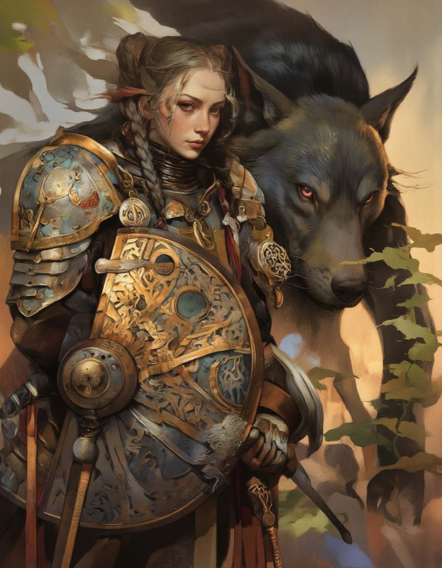 Art by Vvika. A digital illustration shoot from the side about a female warrior with braided hair and a large wolf-like creature, both dressed in ornate armor with intricate patterns and glowing red eyes. the female warrior is standing confidently in the middle of the image, holding a large shield with a celtic design in her hands, while the wolf is positioned to her right, with its sleek black fur and glowing blue eyes standing out against the background. the background is a gradient of warm colors, with hints of greenery visible in the distance, creating a sense of depth and atmosphere. the style is reminiscent of fantasy art, with a focus on intricate details and vibrant colors, making the image visually striking.