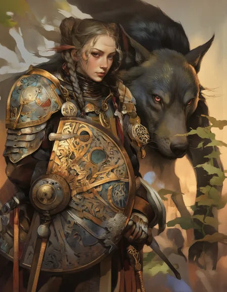 Art by Vvika. A digital illustration shoot from the side about a female warrior with braided hair and a large wolf-like creature, both dressed in ornate armor with intricate patterns and glowing red eyes. the female warrior is standing confidently in the middle of the image, holding a large shield with a celtic design in her hands, while the wolf is positioned to her right, with its sleek black fur and glowing blue eyes standing out against the background. the background is a gradient of warm colors, with hints of greenery visible in the distance, creating a sense of depth and atmosphere. the style is reminiscent of fantasy art, with a focus on intricate details and vibrant colors, making the image visually striking.