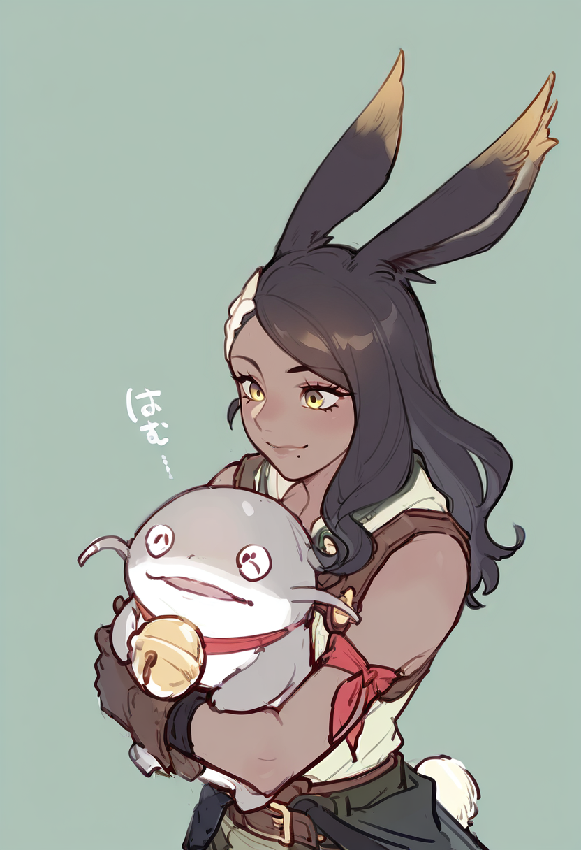 1girl hugging 1other,
1other,namazu,happi,hachimaki,collar,bell,
1girl,cahc1ua,cahc1uadrip,long hair,mole under mouth,black hair,yellow eyes,dark skin,bra,viera,braid,multicolored hair,mature female,thick thighs,belt,white vest,green pants,open clothes,red armband,gloves,goggles,smile,simple background,very awa,masterpiece,best quality,amazing quality,very aesthetic,absurdres,sensitive,newest<lora:cahciuaIL:0.8><lora:namazuIL4:1>