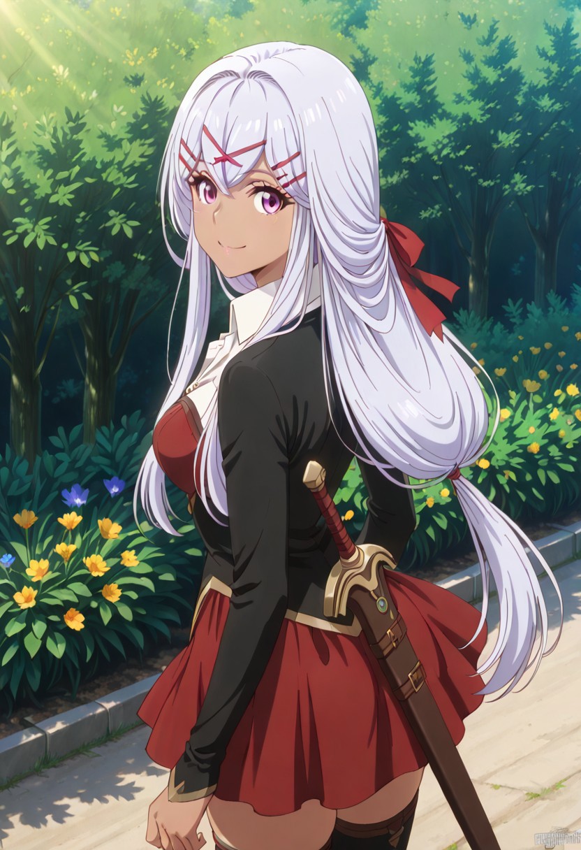 score_9, score_8_up, score_7_up, dynamic view, eye_focus, solo, looking_at_viewer, 1girl, 
masterpiece, best quality, bokeh, luminescent background,
(yulishia,  dark-skinned female, white hair, long hair, hair between eyes, bangs,  purple eyes, hair ornament, hairclip, x hair ornament, hair ribbon, red ribbon, medium breasts,   black jacked, white shirt, collared shirt, wing collar, long sleevs, red dress,  dress skirt, red skirt, black thighhighs, brown boots, scabbard, sword in scabbard, sword,
 ),
solo, from behind, outdoors, garden, flower, red flower, blue flower, purple flower, yellow flower, looking back, smile,