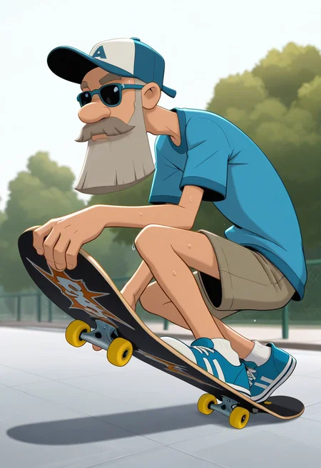 concept art anime artwork (masterpiece), (best quality), (ultra-detailed), 
<lora:NOOB_vp1_detailer_by_volnovik_v1:1.4>
 <lora:tihon:1> tihon, 1boy, male focus, facial hair, mustache, beard, grey hair, old, bald, blue shirt, closed mouth, wide shot, skate park,
backwards baseball cap, sunglasses, skateboarding, riding skateboard, short jean shorts, sneakers, sweaty, solo, view from below, punk accessories . anime style, vibrant, studio anime, highly detailed . digital artwork, illustrative, painterly, matte painting, highly detailed