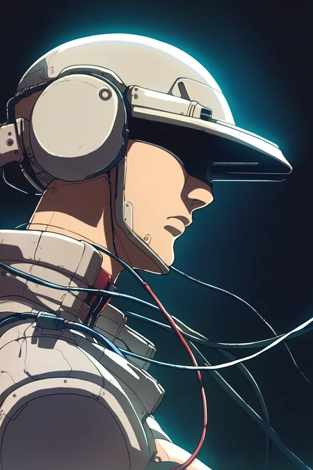 score_9_up, score_8_up, score_7_up, source_anime, cable, solo, wire, science fiction, robot, no humans, black background, from side, helmet, profile, ghost in the shell style, high quality, best quality, <lora:90s_Retro_anime_style_Pony:1>