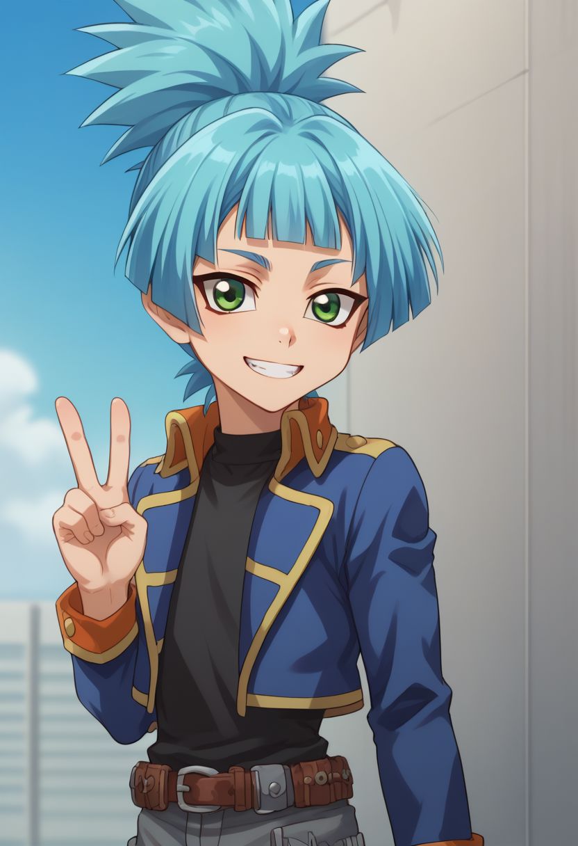 score_9, score_8_up, score_7_up, source_anime, highly detailed, 
sora, solo, 1boy, male focus, blue hair, blunt bangs,  jacket, ponytail, belt, spiked hair, shorts, open jacket, blue jacket, shirt, black shirt, long sleeves, upper body, smile, grin, green eyes, v sign,
outdoor, sky,
