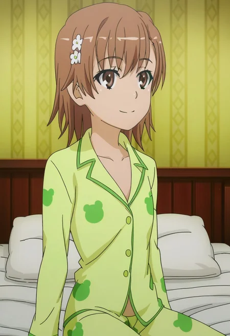 masterpiece, best quality, absurdres, highres, intricate details, very aesthetic, on-model, accurate art style, anime screencap, anime coloring, show accurate, cartoon screencap, movie accurate, official screencap, style parody, flat colors, official art, proper proportions, extremely detailed, newest, 2024, BREAK, 1girl, misaka mikoto, short hair, brown hair, hair ornament, hair flower, pajamas, green pajamas, frog print, animal print, BREAK, smile, sitting on bed, BREAK, detailed background, indoors, bedroom, BREAK, cowboy shot, BREAK, vibrant colors, cinematic lighting, 75% soft lighting, 25% dark lighting