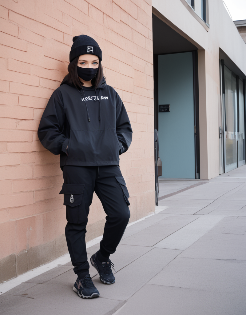 zPDXL2, <lora:TechwearV2:1>, t3chwear, 
1girl, cute face, detailed eyes, long black hair, blue eyes, black face mask, black beanie, walking on a sidewalk, headphones, hands in pockets, full body