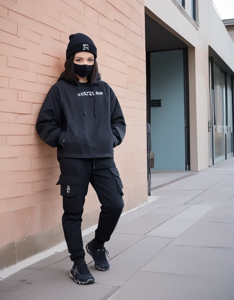 zPDXL2, <lora:TechwearV2:1>, t3chwear,
1girl, cute face, detailed eyes, long black hair, blue eyes, black face mask, black beanie, walking on a sidewalk, headphones, hands in pockets, full body