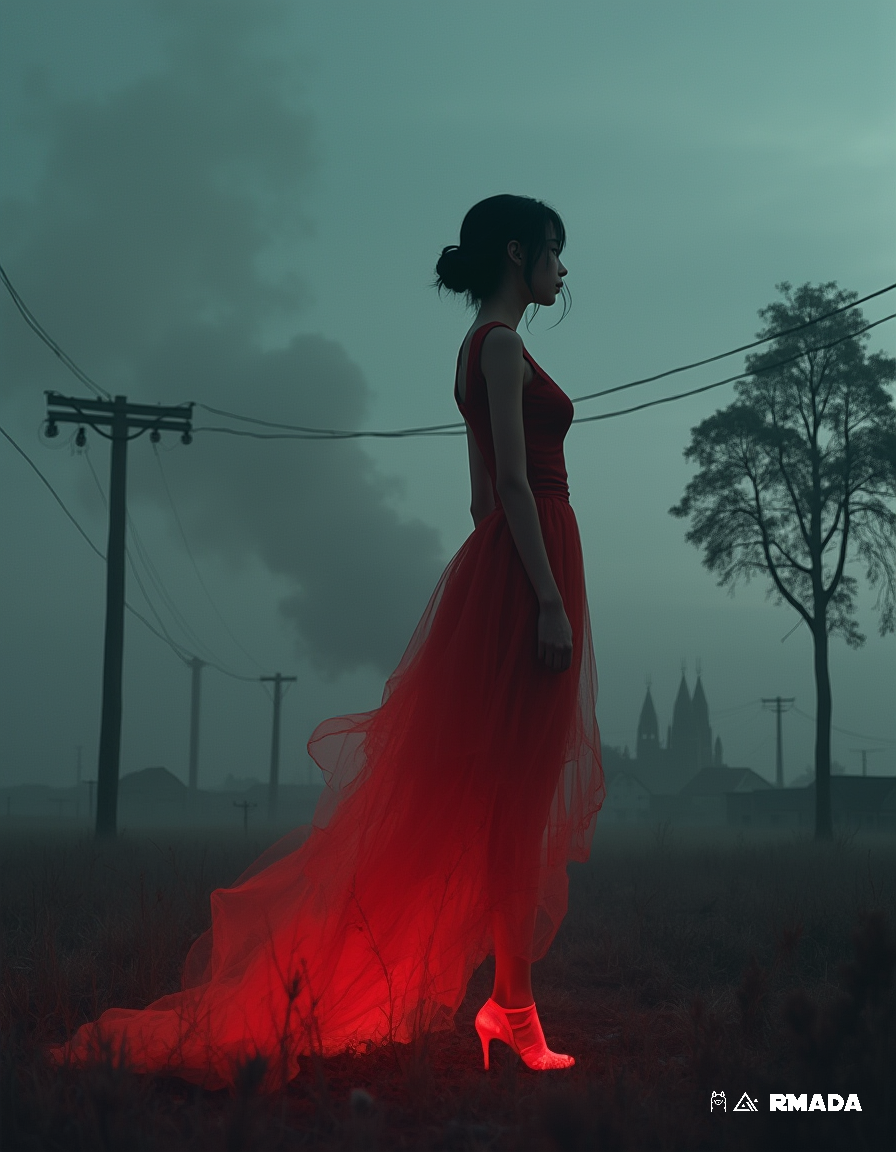 The photograph has been captured with a Leica m10 camera. In the distance, a lone tree stands tall against a backdrop of grey sky. Smoke rises from a nearby town, hinting at the chaos that surrounds the woman. She gazes intently into the distance, her expression serious and contemplative. The dress she wears is a red so vivid it almost blazes in the low light. It's as if the colors themselves are alive with an otherworldly energy. A faint glow emanates from her high heels, adding to the ethereal atmosphere of the scene.  The camera angle is low, capturing the woman's full figure and emphasizing her posture. The lighting is soft and moody, casting shadows that add depth and dimension to the image. The atmospheric conditions are misty, with a hint of fog obscuring some of the details in the foreground.  This artistic rendering combines elements of anime, pixel art, and photo manipulation to create a visually stunning piece that captures the mood and essence of the scene. The woman's posture and expression convey a sense of introspection and contemplation, while the use of color and lighting suggest an otherworldly atmosphere.