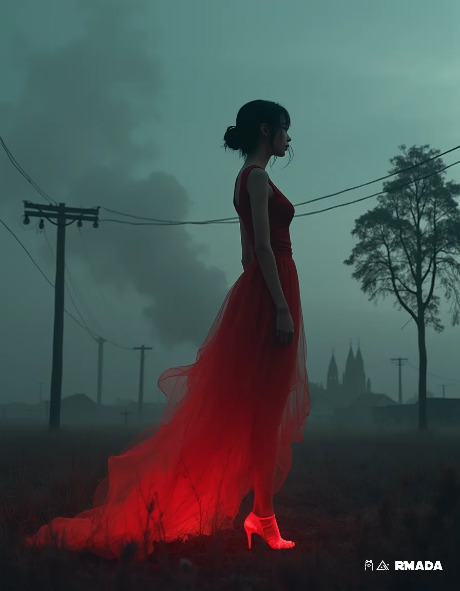 The photograph has been captured with a Leica m10 camera. In the distance, a lone tree stands tall against a backdrop of grey sky. Smoke rises from a nearby town, hinting at the chaos that surrounds the woman. She gazes intently into the distance, her expression serious and contemplative. The dress she wears is a red so vivid it almost blazes in the low light. It's as if the colors themselves are alive with an otherworldly energy. A faint glow emanates from her high heels, adding to the ethereal atmosphere of the scene. The camera angle is low, capturing the woman's full figure and emphasizing her posture. The lighting is soft and moody, casting shadows that add depth and dimension to the image. The atmospheric conditions are misty, with a hint of fog obscuring some of the details in the foreground. This artistic rendering combines elements of anime, pixel art, and photo manipulation to create a visually stunning piece that captures the mood and essence of the scene. The woman's posture and expression convey a sense of introspection and contemplation, while the use of color and lighting suggest an otherworldly atmosphere.