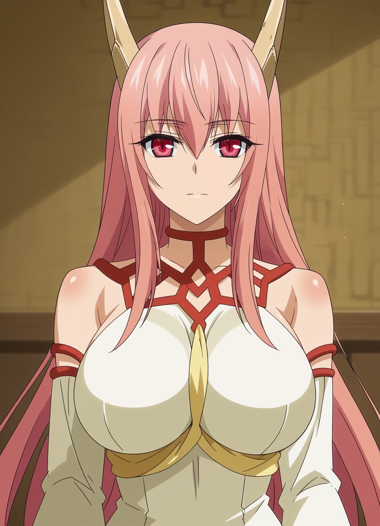 <lora:Navi-seikoku_no_dragonar:0.85>,Navi,1girl,long hair,pink hair,horns,res eyes,large breasts,bare shoulders,dress,upper body,looking at viewer,indoors