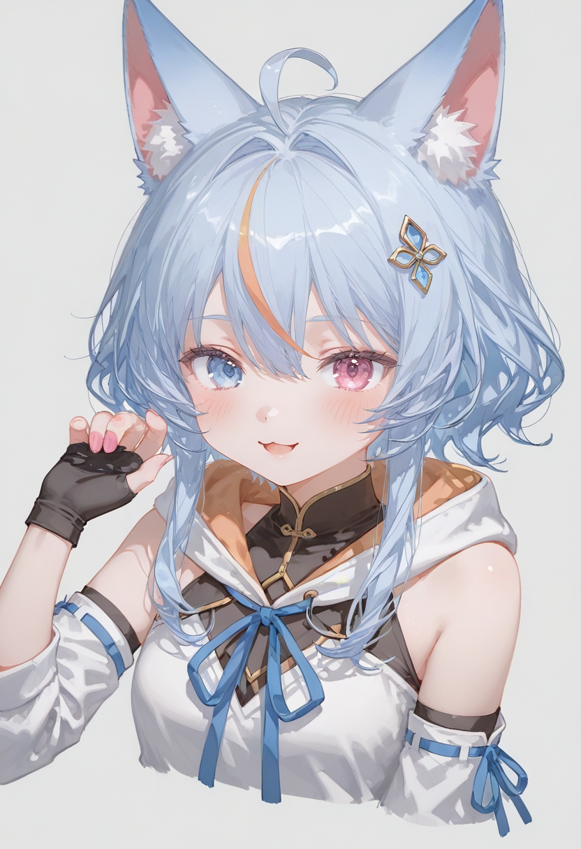 1girl,sayu okami,sayu sincronisity,indie virtual youtuber,:3,blue eyes,blue hair,closed mouth,hair ornament,light blue hair,long hair,looking at viewer,sketch,sleeveless,solo,upper body,virtual youtuber,white background,short hair with long locks,smile,fox ear,cropped torso,detached sleeves,bare shoulders,gloves,sleeveless hoodie,hand up,hood,hair between eyes,hoodie,blush,blue ribbon,simple background,blonde hair,orange hair,holding,pink nails,animal ears,open mouth,animal ear fluff,ahoge,fingerless gloves,streaked hair,:d,pink eyes,black gloves,turtleneck,ribbon,white hoodie,sidelocks,hood down,multicolored hair <lora:CunnyFunkyXL_NB11_lokr_V6311P:0.95>