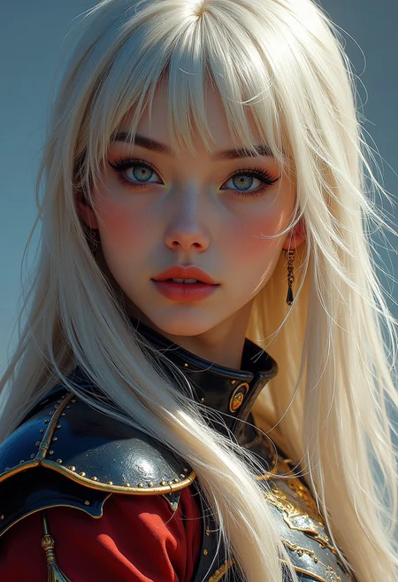 abstract photorealistic ink image in vivid, surreal colour gradient, closeup side portrait of korean woman wearing fantasy leather and bronze plate armour, long bleached hair, bangs
