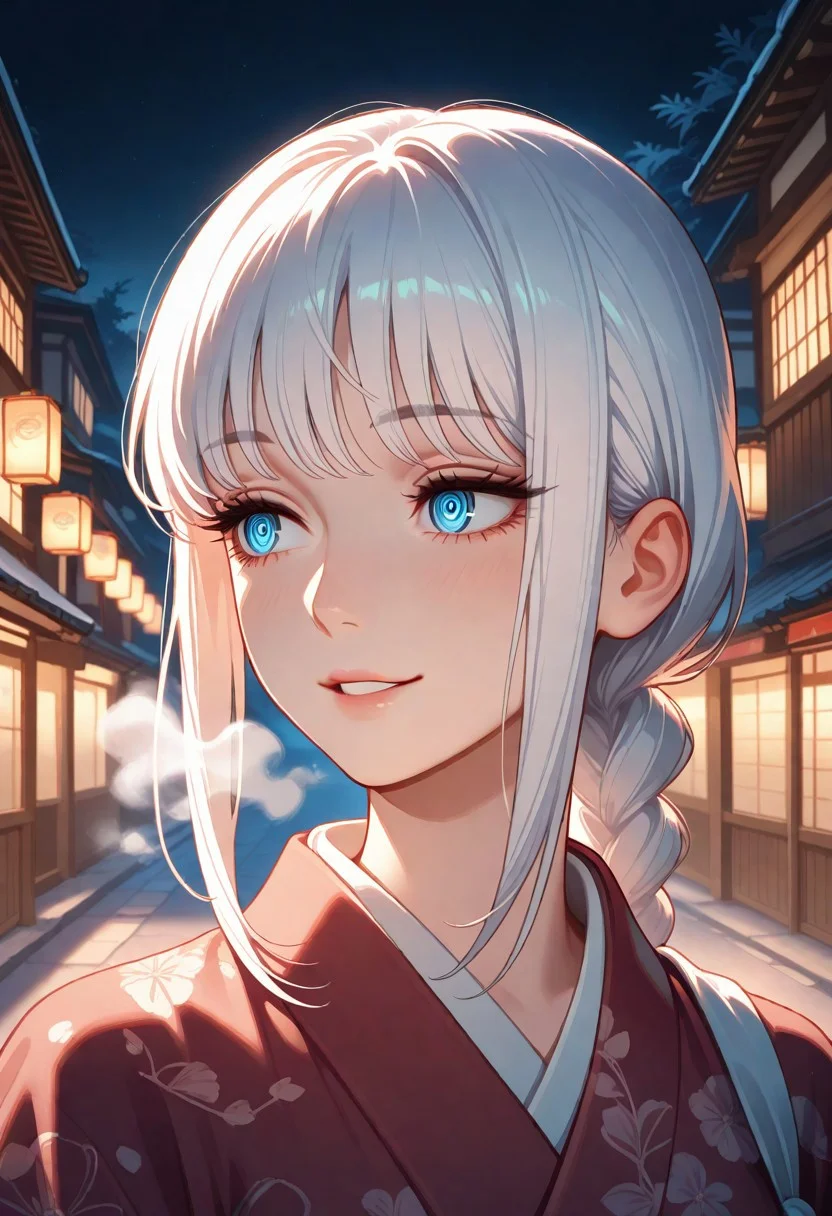 masterpiece, best quality, amazing quality, very aesthetic, flat colors, (artist:rain_rkgk:1), (artist:Tsuaii:1),
female portrait, close up, 1girl, solo, makima (chainsaw man), long hair, smile, bangs, blue eyes, braid, white hair, braided ponytail, ringed eyes, kimono, close up, waist up, posing, looking away, parted lips, steam, cold weather, foggy, night time, street, walking, dynamic angle, natural light,