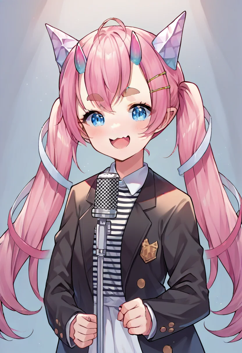 score_9, score_8_up, score_7_up, source_anime, 1girl, IncrsNeverGonnaGiveUUp, smile, looking at viewer, microphone stand, upper body, black jacket, striped shirt, open mouth, suit, <lora:NeverGonnaGiveYouUp_XLPD:1>, chibidoki, pink hair, twintails, blue eyes , thick eyebrows, horns <lora:chibidoki:0.8>