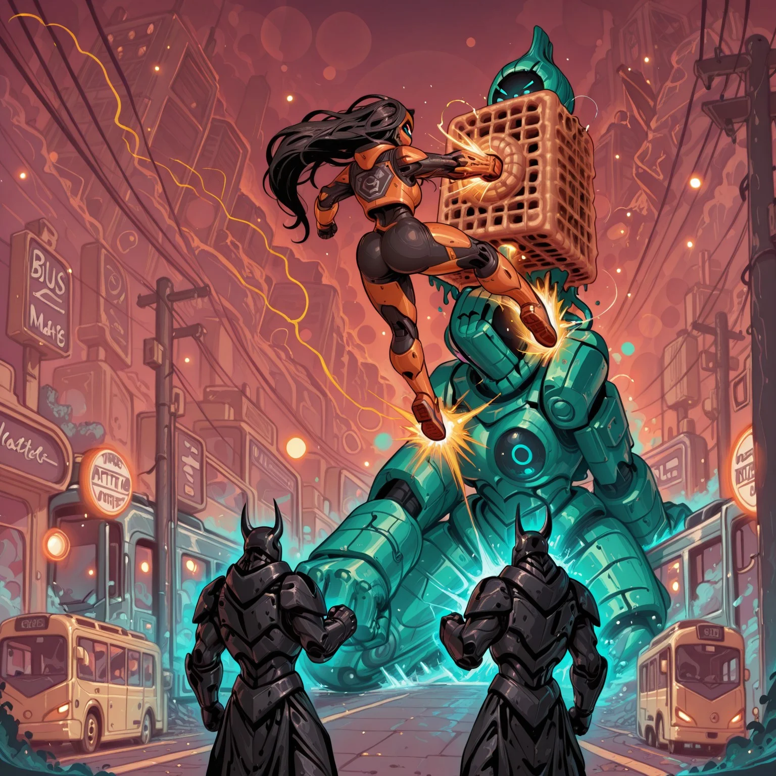 ((medium long shot)), art by demimond23, bokeh, BlackT40k
/, ((waffle monster, monster made out of waffles), bus transformer), fighting, punching, kicking,