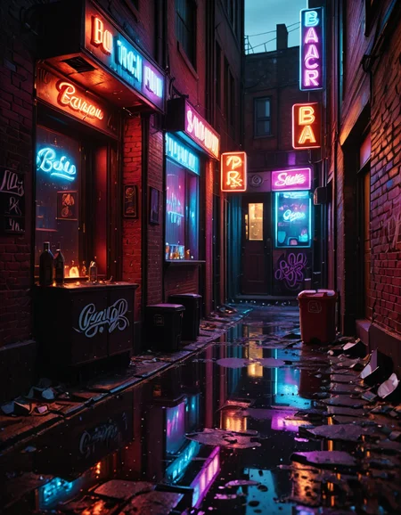 A highly detailed and realistic photograph of a dark alleyway behind a bar at night. The narrow passage is dimly lit by a flickering neon sign casting a moody red and blue glow onto the wet pavement. The walls are made of old, weathered brick covered in graffiti, with metal fire escapes zigzagging above. Trash bags and discarded crates are scattered along the alley, and a few puddles reflect the neon lights, adding depth to the scene. A single, dented metal door with a small, barred window leads into the back of the bar, with a faint warm light seeping through the cracks. The air is thick with mist, and the distant hum of the city is broken only by the occasional drip of water from a rusted drainpipe. A sense of mystery and urban grit fills the atmosphere, evoking a cinematic, noir-style aesthetic.
<lora:SDXLFaeTastic2400:0.4> <lora:extremely_detailed:0.4> extremely detailed, <lora:all3yway-ill:1>,all3yway, Masterpiece,best quality,hi res,8k,hi res,8k,award winning,(sharp focus, intricate, highly detailed),
