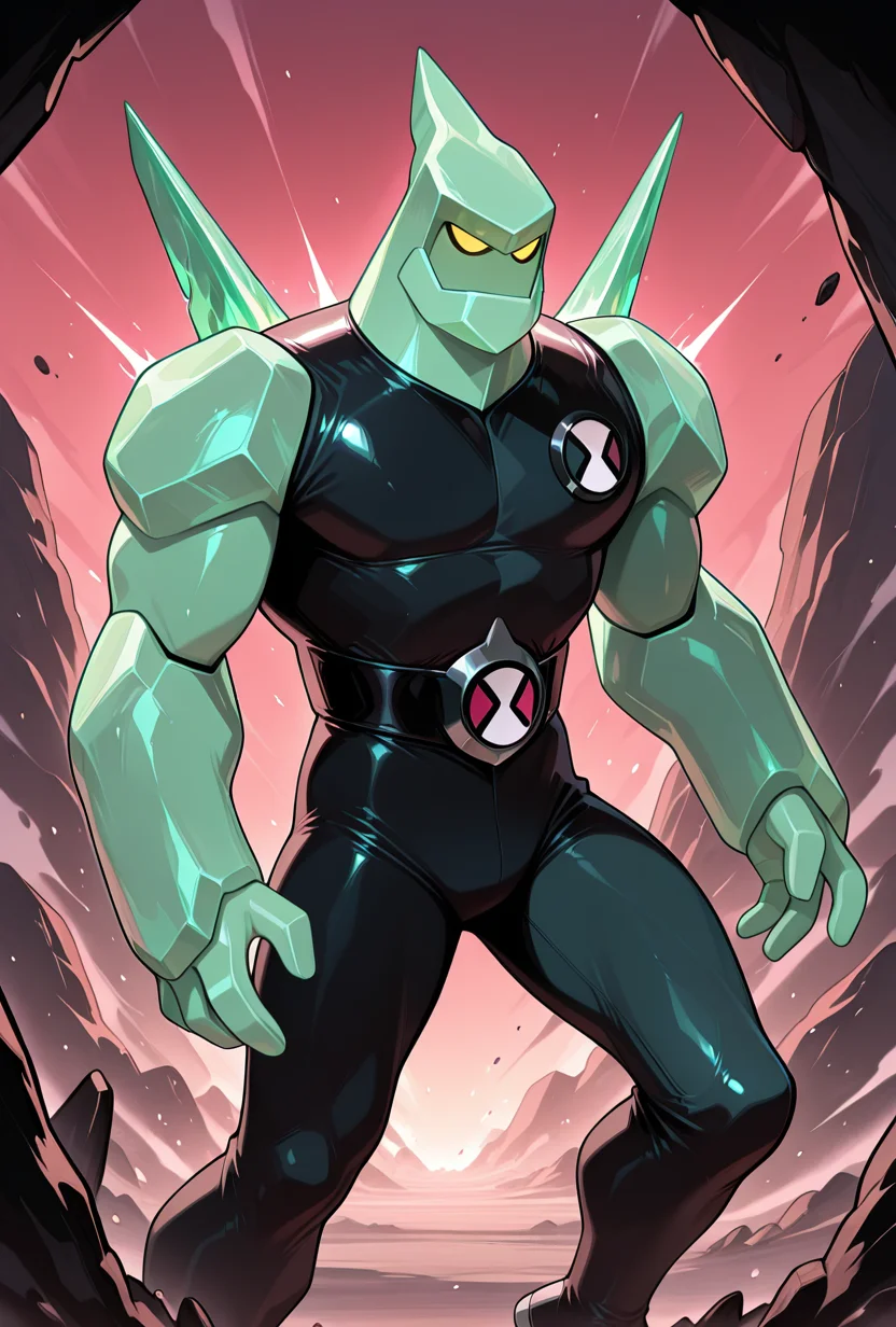 <lora:diamondhead-06:1> diamondhead, robot, yellow eyes, solo, 1boy, no humans, pokemon (creature), armor, spikes, yellow sclera, green skin, bodysuit, cartoon,, masterpiece, best quality, amazing quality, very aesthetic, absurdres, newest,