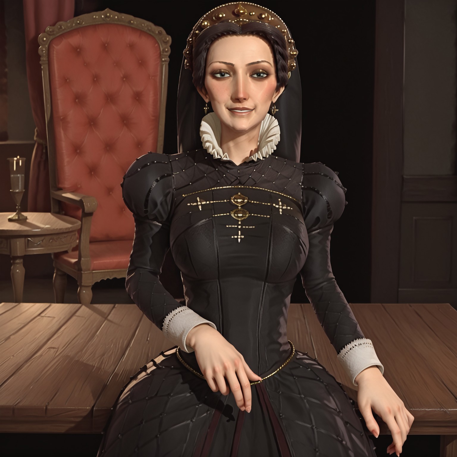 1girl, solo, catherine, black queen catherine, black dress, black veil, sitting at long wooden table, tenting fingers on table, mischief face, smirk