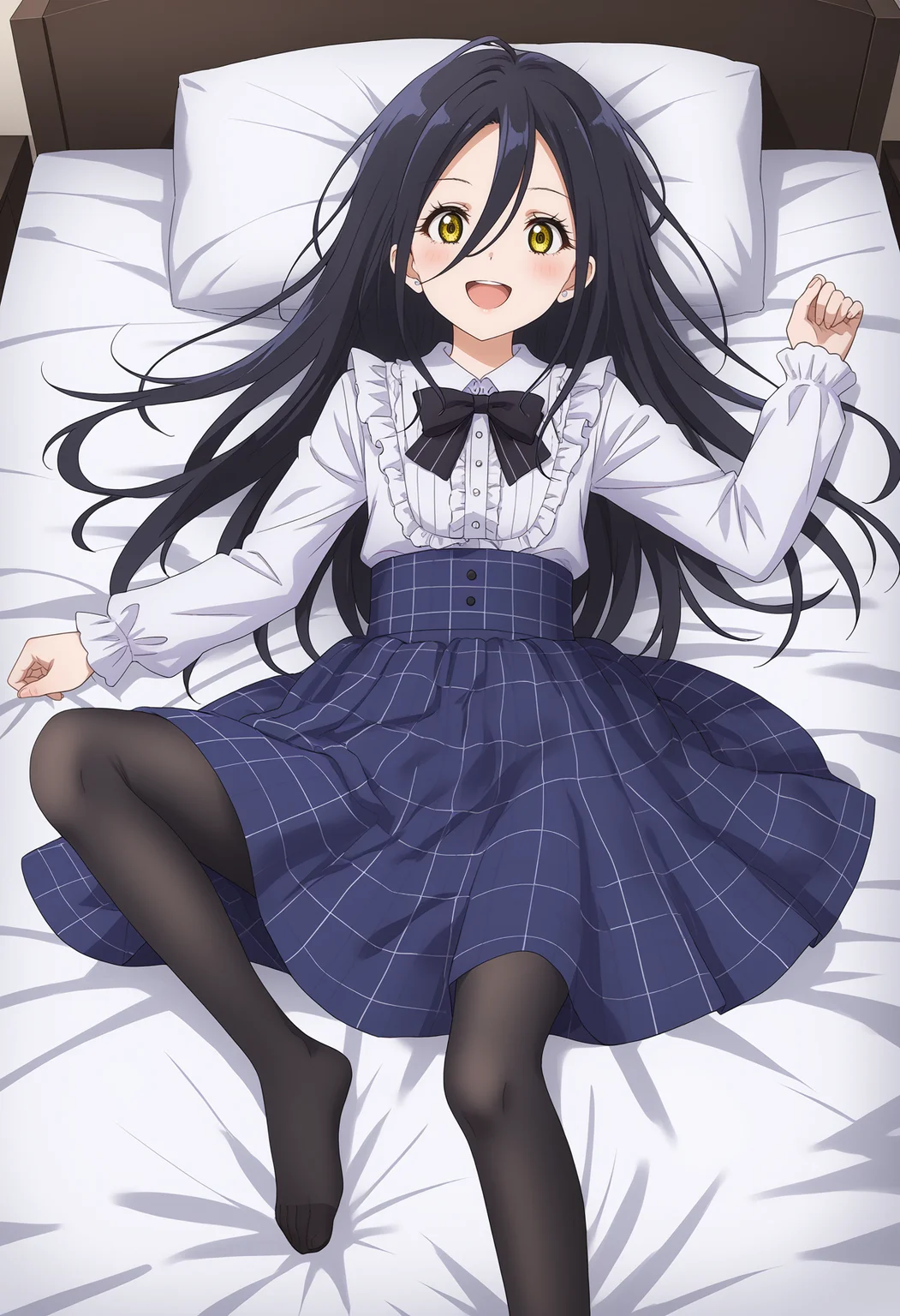 <lora:Hikaru KAMISAKI_1.0_pony-000018:1>,
KHA_ONE,solo,long hair,yellow eyes,black hair,open mouth,dress,smile,looking at viewer,:d,hair between eyes,plaid skirt,white shirt,black bow,frilled,cowboy_shot,black pantyhose,from_above,blue skirt,lying,on back,spread legs,indoor,bedroom,bed,on bed,long skirt