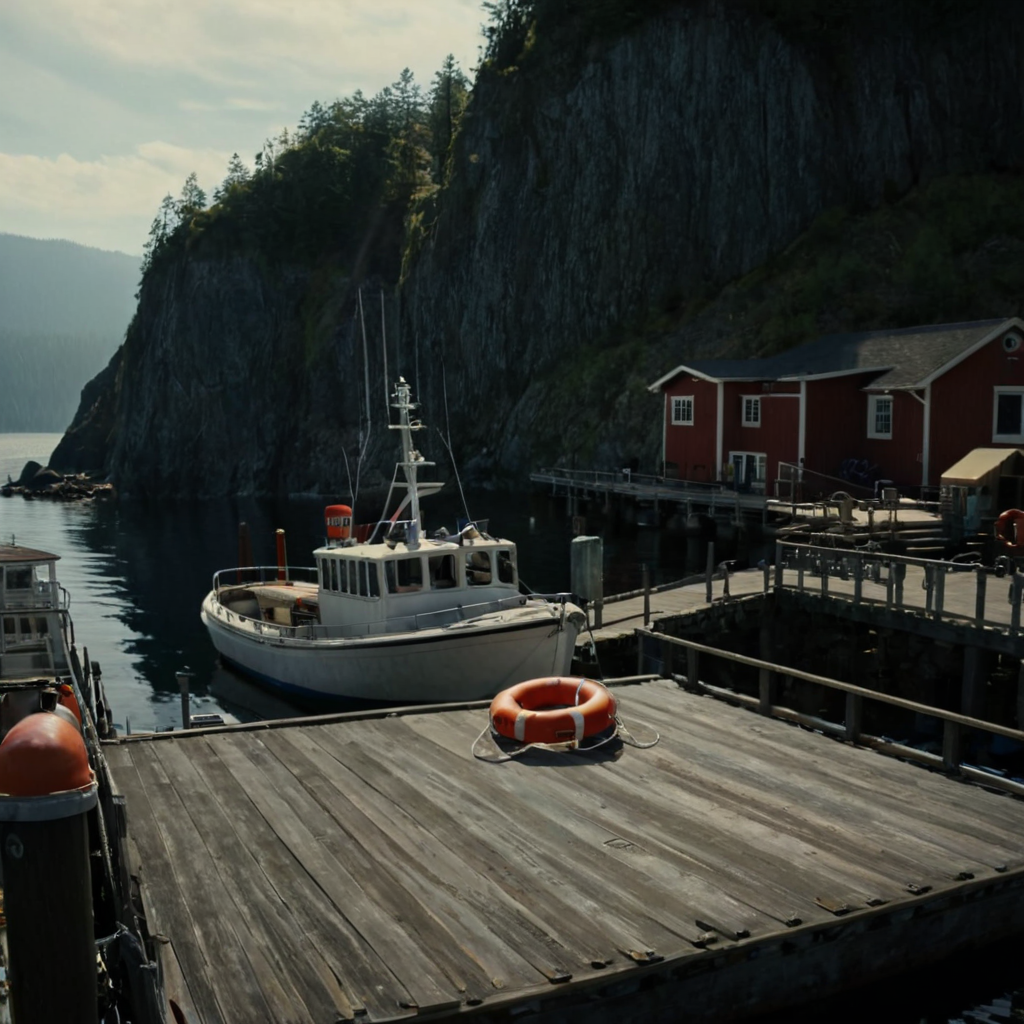 cinematic film still of <lora:add-detail-xl:0.1>1
<lora:detailed:0.3> realism
<lora:perfection style:0.2> perfect
<lora:eyetune:0.6>
<lora:xl_more_art-full_v1:0.3>
<lora:Ron Fricke style:0.3>
<lora:Unreal Engine style:0.3>
<lora:TeethXL:0.3>
<lora:Chiaroscuro Lighting Style:0.3> Chiaroscuro Lighting Style
 <lora:Alan Wake horror story style:1>
Set in "Bright Falls" town a small Pacific Northwestern town, a different unique picture of a boat is docked on a dock near a cliff, horror movie themed, sharp, detailed, epic photography, artistic style, dramatic light, cinematic style, film style, creative style, horror story style, outdoors, sky, day, no humans, ocean, building, scenery, watercraft, boat, lifebuoy, dock, swim ring, innertube, railing, power lines, utility pole
, shallow depth of field, vignette, highly detailed, high budget, bokeh, cinemascope, moody, epic, gorgeous, film grain, grainy
