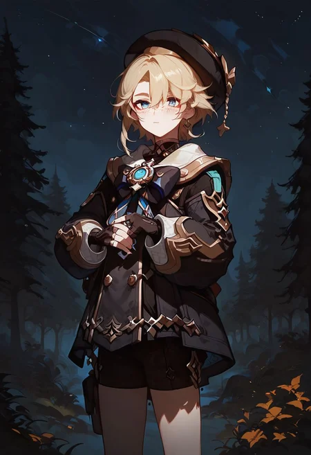 score_9, score_8_up, score_8, anime style, score_9, score_8_up, score_8, anime style, source_anime,
1 boy, otoko no ko, trap, androgynous, freminet, genshin impact, solo, 1boy, male_focus, blush, freckles, blonde hair, blue eyes, young, hat, forest background, dark, night, night sky, standing, concept art, realistic, dark theme, low light, <lora:freminetXL-fine:0.8>