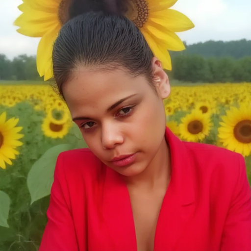 23yo woman (top bun black hair, brown eyes), detailed skin, wearing a red detailed dress, in a sunflower garden, looking at viewer, UHD, photorealistic, realistic, 8K, 16K, masterpiece, professional photograph,