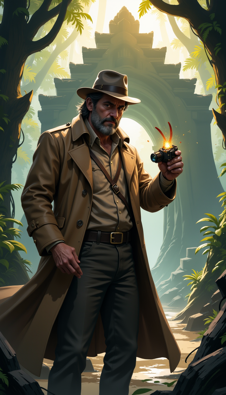 A weathered, determined-looking man in a worn trench coat and fedora, holding a mysterious artifact in one hand and a magnifying glass in the other, standing in front of a crumbling, ancient temple in a lush jungle, soft golden light filtering through the canopy, surrounded by exotic plants and animals, digital painting, intricate details, dynamic composition, vibrant colors, high-resolution, concept art for a video game or movie poster